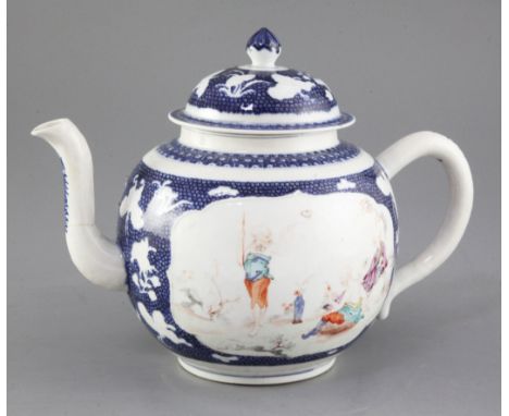 A large Chinese famille rose teapot and cover, late Qianlong period, painted with luohan in landscapes on a cellular undergla