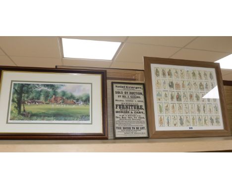 Bill of Sale framed poster, a Dickens cigarette card picture, a cricket scene picture and Seaford Links golfing picture