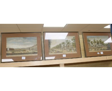 After J. Bowles and Canaleti, three 18th century hand coloured engravings, Rotunde House, Vauxhall Gardens and St Jame's Squa