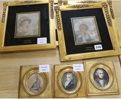 After Francis Wheatley, a set of four engravings of The Seasons, gilt framed and three portrait miniatures (7)