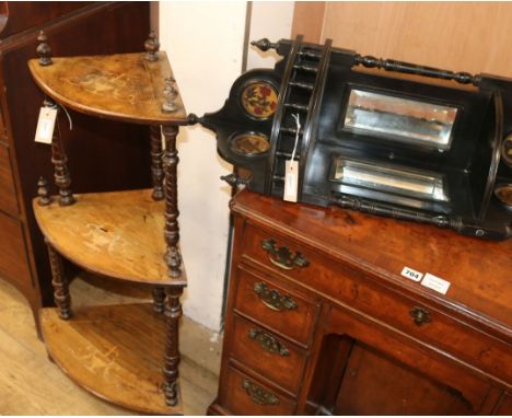 A Victorian inlaid corner whatnot and an Aesthetic ebonised and mirrored hanging corner display unit shelf W.32cm approx. wha