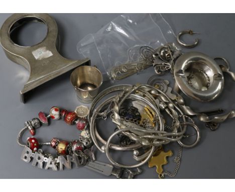 A quantity of assorted mainly silver items including jewellery and clock case.