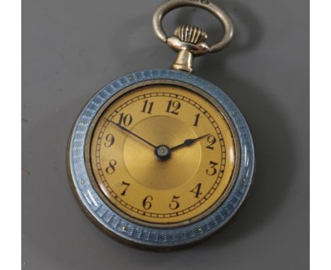 An early 20th century Swiss 800 standard gilt white metal and guilloche enamel fob watch.