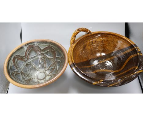 A John Leach Muchelney Pottery large earthenware bowl and another Studio pottery bowl, the Leach bowl of deep circular form, 