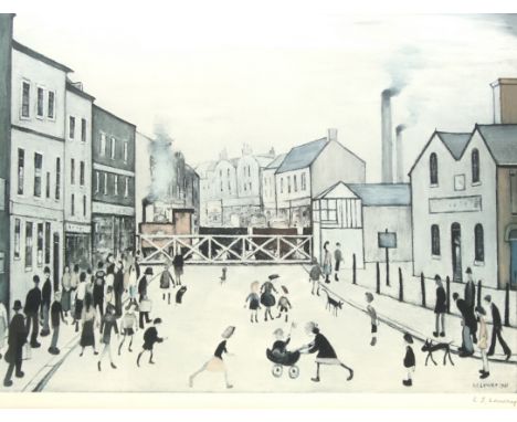 Laurence Stephen Lowry RA (Northern British 1887-1976): 'The Level Crossing - Burton on Trent', limited edition coloured lith