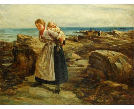 Robert Jobling (Staithes Group 1841-1923): Fishergirls on the Rocks, oil on canvas signed and dated 1880, 34cm x 44cm Conditi