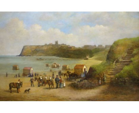 George Farrington Hornibrook (British c1843-1882): Scarborough' North Bay Pier with Figures Donkeys and Bathing Machines, oil