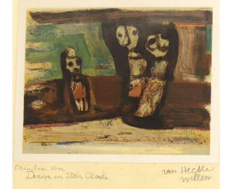 Willem Van Hecke (Belgian 1893-1976): Abstract Figures, screen print signed and dedicated to Denise (the artist's niece) 21cm