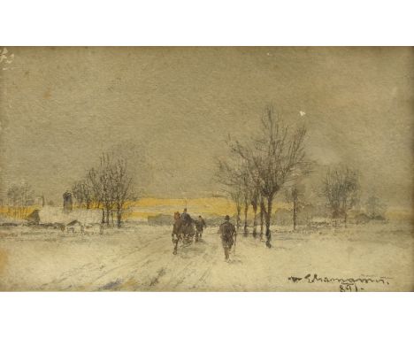 Theodor von Ehrmanns (Austrian 1846-1923): Horse Drawn Sleigh in Winter Landscape, watercolour signed and dated '891, 17cm x 