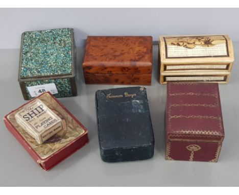4 small table boxes, 2 packs of vintage or antique playing cards plus double pack books of common hymns in original leather c