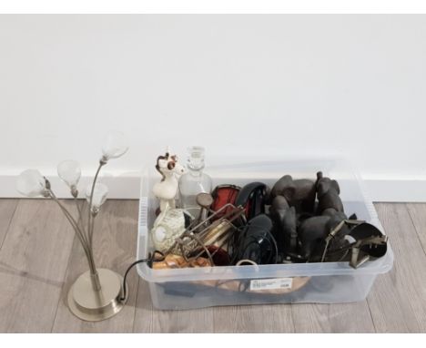 Box of miscellaneous items including lamp, glass decanter and elephant figure etc