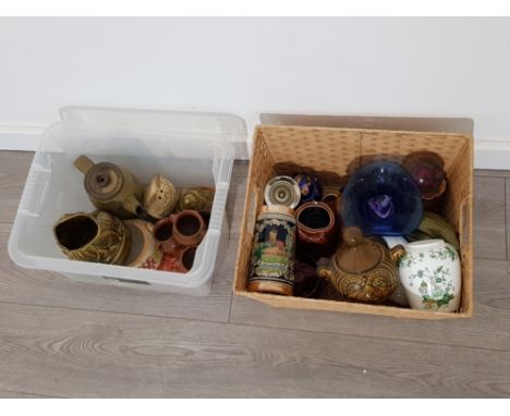 2 boxes of pottery items including studio pottery, cloisonne and caithness pebble paperweigh etc