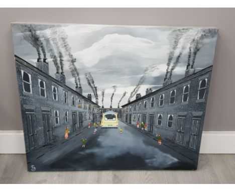Large oil on canvas signed sb of a grey day the arrival of the colourful ice cream van 25 x 20 cm
