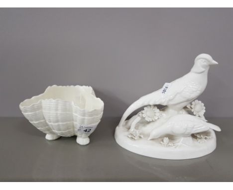 White glazed ornament designed by j.t jones for crown Staffordshire together with a scallop shaped bowl by royal worcester