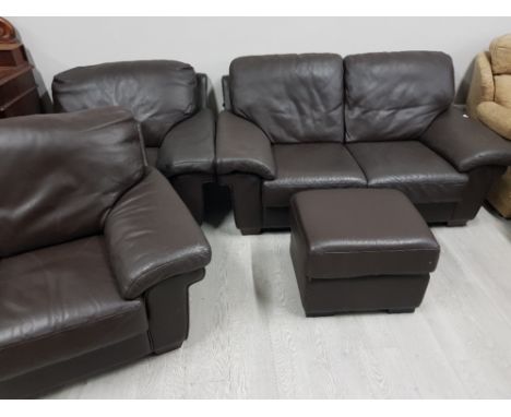 4 piece brown leather suite includes 2 seater sofa, 2 single armchairs plus pouffe