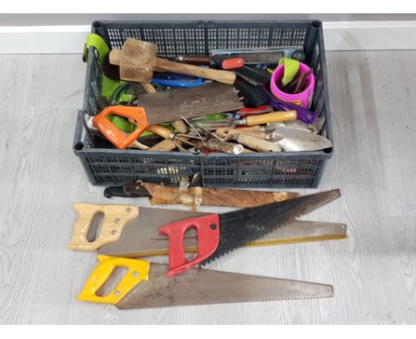 Crate containing a large Quantity of hand tools includes saws, garden tools etc