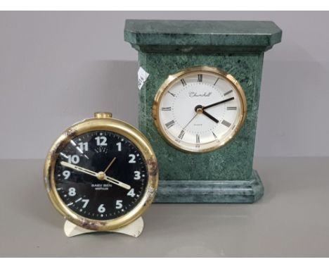 Green polished granite mantle clock by Churchill together with a wind up alarm clock, baby Ben by westclox