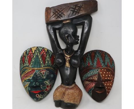 Tribal art, two Masks and a Ghanaian figure, masks H: 22 cm. UK P&amp;P Group 3 (£30+VAT for the first lot and £8+VAT for sub