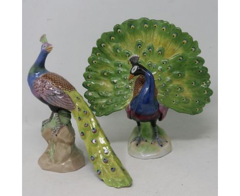 Two Karl Ens Dresden peacocks, no cracks or chips, largest H: 18 cm. UK P&amp;P Group 2 (£20+VAT for the first lot and £4+VAT