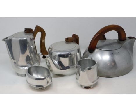 Picquet Ware four piece tea service and kettle, all in cast aluminium. UK P&amp;P Group 3 (£30+VAT for the first lot and £8+V