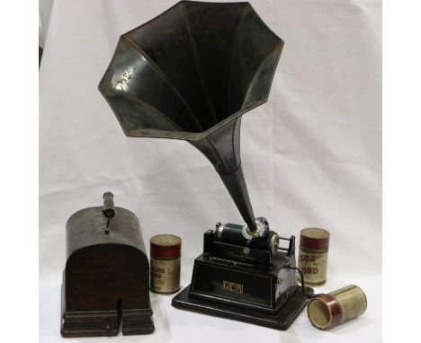 Oak cased Edison Bell Phonograph, post 1905 with trumpet and 3 cylinders. Not available for in-house P&amp;P 