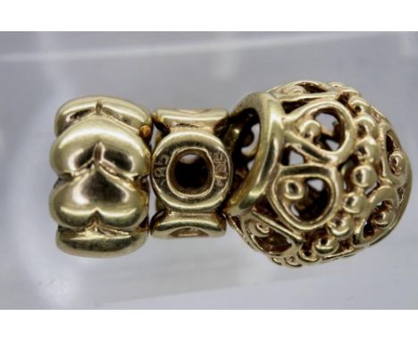 Three genuine Pandora gold charms, 5.4g. UK P&amp;P Group 0 (£6+VAT for the first lot and £1+VAT for subsequent lots) 