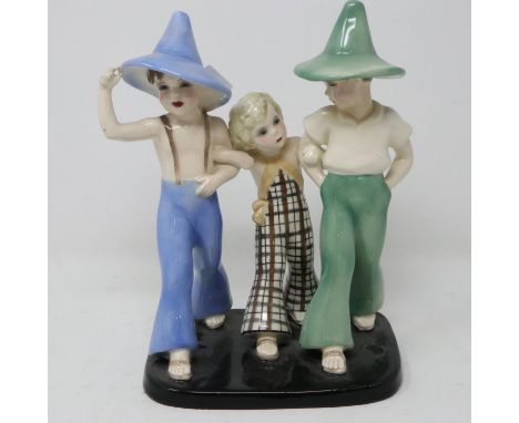Goldscheider 1930s figural group, Family Strides, by Germaine Bouret, visible crazing and and small chips to glaze, H: 20 cm.