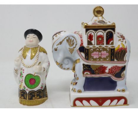 Royal Worcester candle snuffer, Mandarin, together with Nelson elephant, no cracks or chips, largest H: 12 cm. UK P&amp;P Gro