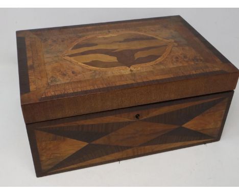 Marquetry inlaid stationary box, the interior further inlaid with wood specimen and two lift out trays, 32 x 22 x 15 cm H. UK