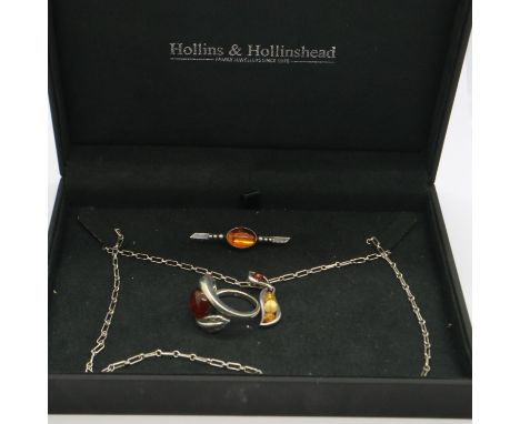 925 silver pendant necklace, brooch and ring suite set with Baltic and butterscotch amber, chain L: 44, ring size P. UK P&amp