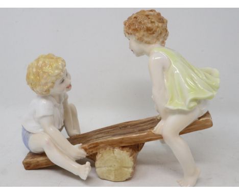 Royal Worcester see-saw figural group, no cracks or chips, L: 20 cm. UK P&amp;P Group 2 (£20+VAT for the first lot and £4+VAT