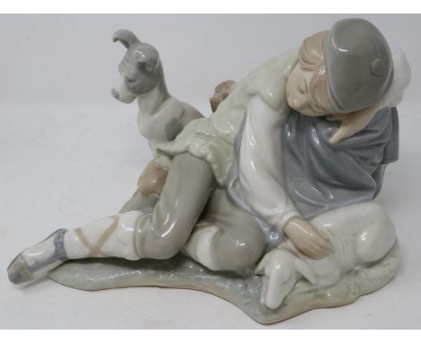 Nao figural group of a sleeping boy with a dog and sheep, no cracks or chips, H: 17 cm. UK P&amp;P Group 2 (£20+VAT for the f