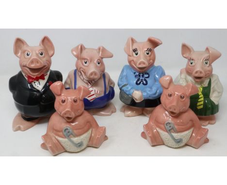 Six Wade Natwest pig money banks, five lacking stoppers but no cracks or chips, largest H: 18 cm. UK P&amp;P Group 3 (£30+VAT