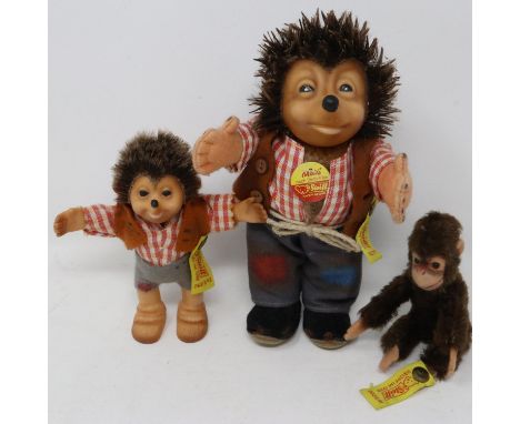Two Steiff hedgehogs and a Steiff monkey, largest H: 20 cm. UK P&amp;P Group 2 (£20+VAT for the first lot and £4+VAT for subs