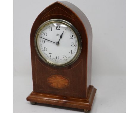 Payne Bromley walnut cased lancet form table clock with French drum movement, working at lotting, H: 27 cm. UK P&amp;P Group 