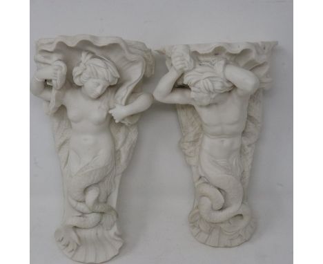 Pair of Parianware corbels in the form of mer-people, chips to both top corners and repair to mermaid tail, H: 27 cm. UK P&am