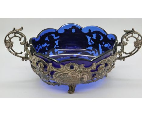 Hallmarked silver sweetmeats basket with Bristol blue liner, L: 24 cm, 293g. UK P&amp;P Group 2 (£20+VAT for the first lot an