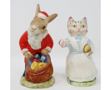 Beswick Beatrix Potter Tabitha Twitchett figurine, with a Royal Doulton Santa Bunnykins figurine, no cracks or chips, largest