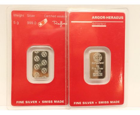 Two Swiss 5g silver bullion Argor-Heraeus bars. UK P&amp;P Group 1 (£16+VAT for the first lot and £2+VAT for subsequent lots)