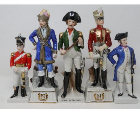 Five ceramic Napoleonic soldier figurines including Capodimonte, no cracks or chips, largest H: 23 cm. UK P&amp;P Group 3 (£3