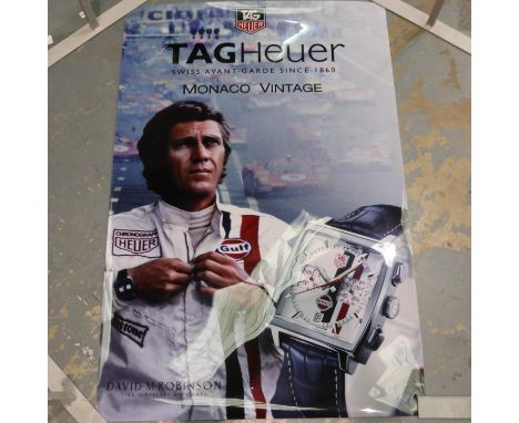 Tag Heuer Monaco Steve McQueen commercial poster on acetate, 79 x 108 cm. UK P&amp;P Group 2 (£20+VAT for the first lot and £