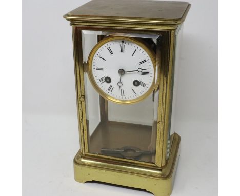 Japy Freres French brass cased table clock with mercury pendulum chiming on a bell, working at lotting, H: 25 cm. UK P&amp;P 