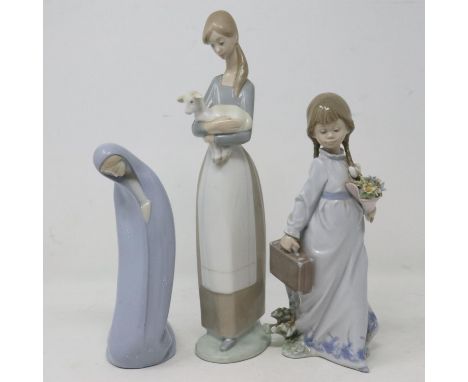 Three Lladro figurines including Schooldays 7604, small losses to flowers, largest H: 26 cm. UK P&amp;P Group 3 (£30+VAT for 