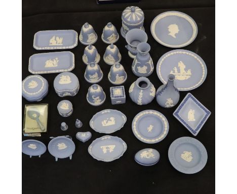 Thirty pieces of Wedgwood blue Jasperware, including annual New Year bells, no cracks or chips. UK P&amp;P Group 3 (£30+VAT f