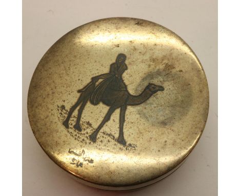 Egyptian white metal pill box with Niello decoration and mirror insert, D: 50 mm. UK P&amp;P Group 1 (£16+VAT for the first l