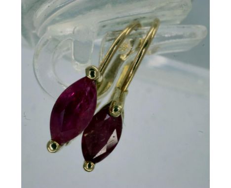 Pair of 10ct gold earrings set with ruby, H: 20 mm, 1.1g. UK P&amp;P Group 0 (£6+VAT for the first lot and £1+VAT for subsequ