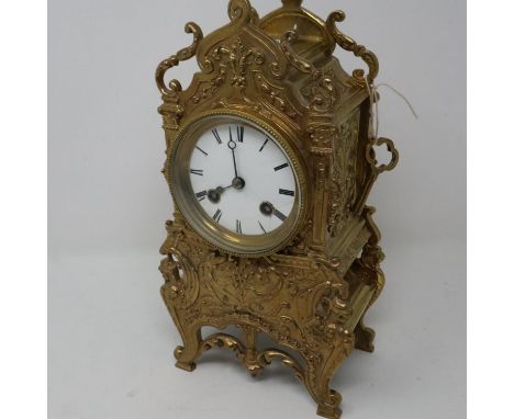 Early 20th century brass cased French mantel clock chiming on a bell, working at lotting, H: 28 cm. UK P&amp;P Group 3 (£30+V