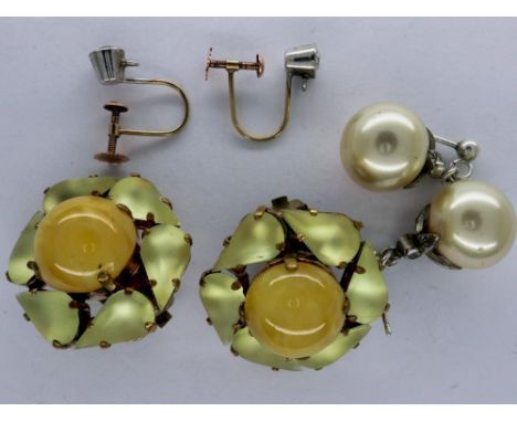 Two pairs of clip on earrings and a pair of 9ct gold screw fitting earrings with white stones. UK P&amp;P Group 0 (£6+VAT for