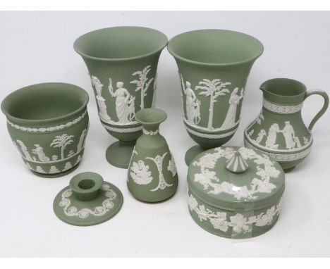 Pair of large Wedgwood Jasperware vases and five further pieces, all in sage green, no cracks or chips, largest H: 19 cm. UK 