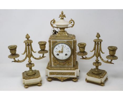 Early 20th century French alabaster and ormolu cased mantel clock with matching garnitures chiming on a bell, no pendulum, H: